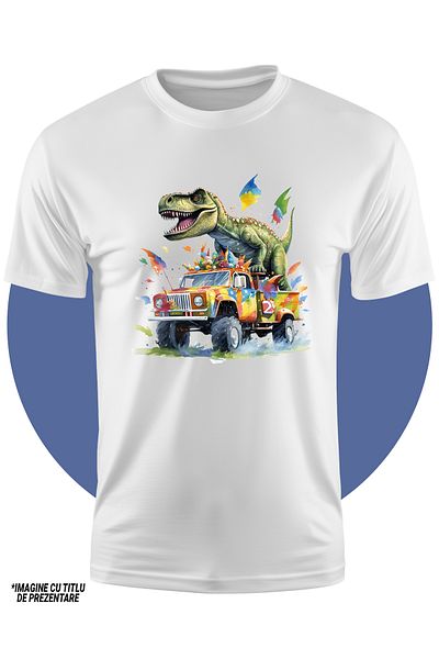 StoryGift Romania Tricou Copii Cu Un Dinozaur Care Sta In Portbagajul Unei Masini De Teren, Ilustratie, Pete
