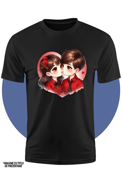 StoryGift Romania Tricou Copii Cu O Fata Si Un Baiat, Baiatul Saruta Fata Pe Obraz, Imbujorati, Ilustratie,