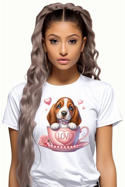 StoryGift Romania Women's T-shirt with a puppy with long ears, illustration, sitting in a cup, happy WHT_L