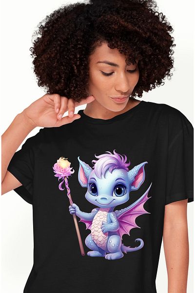 StoryGift Romania Tricou Femei cu un pui de dragon care tine un toiag in mana, magie, floare, vraj BLK_L