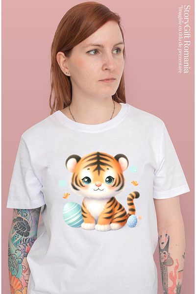 StoryGift Romania Women's T-shirt with a good tiger cub, illustration, painted eggs, birds, animal WHT_L