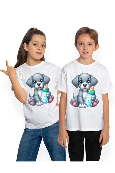 StoryGift Romania Tricou Copii Cu Un Catelus Gri Care Tine Un Biberon, Ilustr...