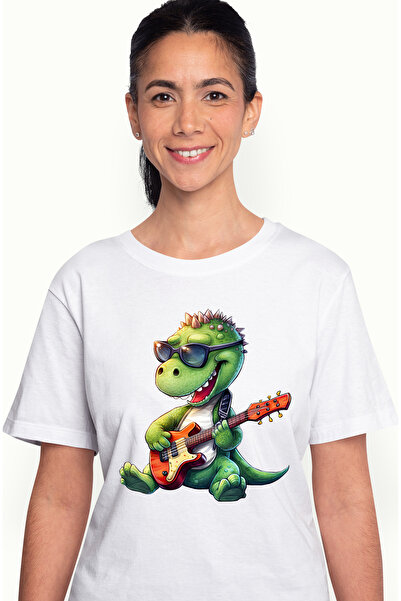 StoryGift Romania Tricou Femei cu un dinozaur verde care canta la chitara, ta...