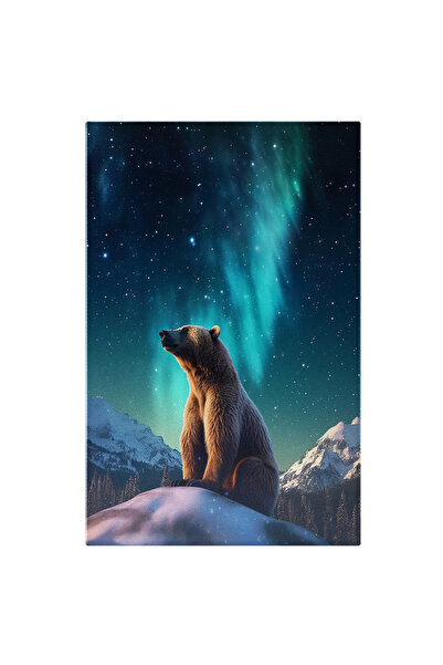 StoryGift Romania Tablou Canvas: Urs Stand Pe O Stanca - Aurore Boreale Munti Zapada Pictura Digitala