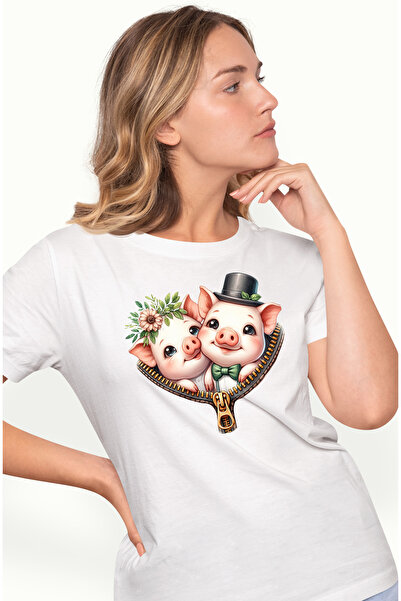 StoryGift Romania Tricou Femei cu 2 purcelusi care stau intr-un buzunar, ilus...