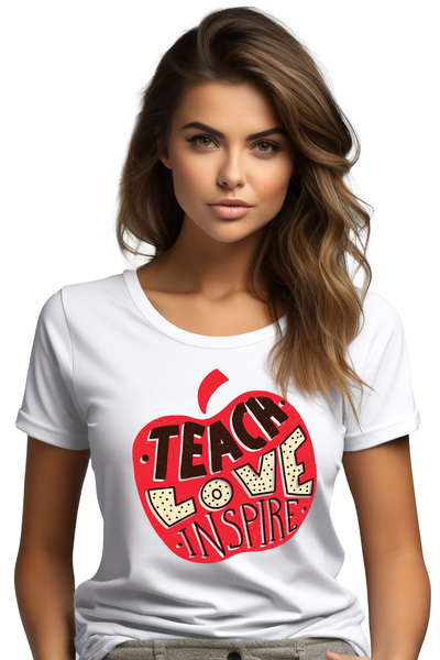 StoryGift Romania Tricou Femei Cu Mar Rosu Text In Engleza Teach Love Inspire...