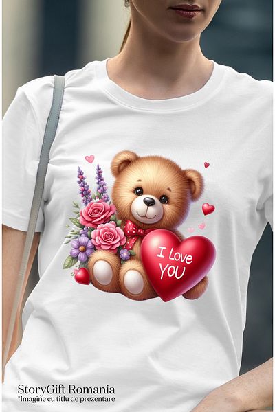 StoryGift Romania Tricou Femei cu un urs de plus care tine o inima pe care scrie "I love you", ilu WHT_L