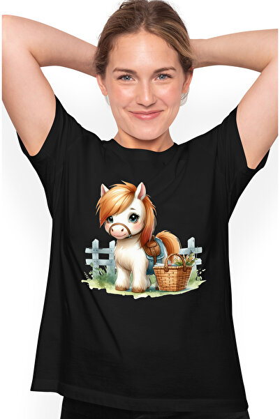 StoryGift Romania Tricou Femei cu un ponei, ilustratie, cosulet, verdeata, plante, gard, sta cumin BLK_L