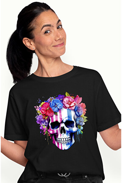 StoryGift Romania Tricou Femei cu un craniu, ilustratie, flori, rosii, albast...