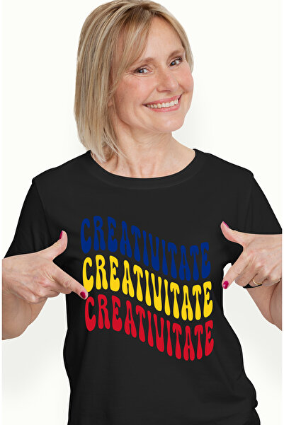 StoryGift Romania Tricou Femei Cuvantul Creativitate, in Culorile Steagului Romaniei, Rosu, Galben BLK_L