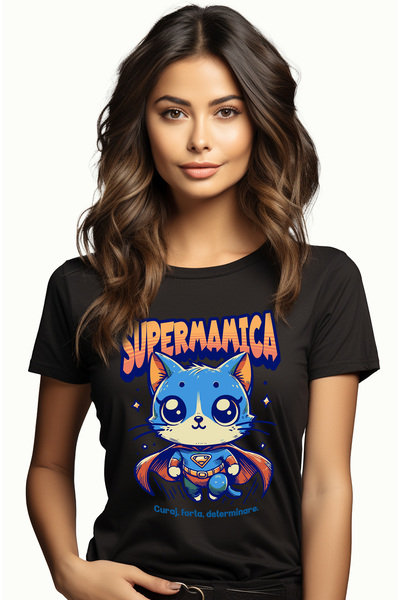 StoryGift Romania Tricou Femei Super Mamica, SuperErou, Pisica Zburand, cu im...