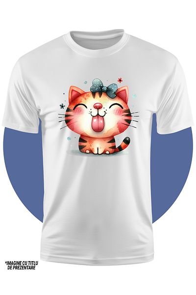 StoryGift Romania Tricou Copii Cu O Pisica Bucuroasa, Ilustratie, Desen Pentru Copii, Funda, Floricele, Feli