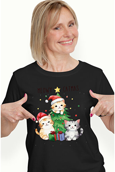 StoryGift Romania Tricou Femei cu pisoi cu mesajul "Meowy Catmas", Craciun fe...