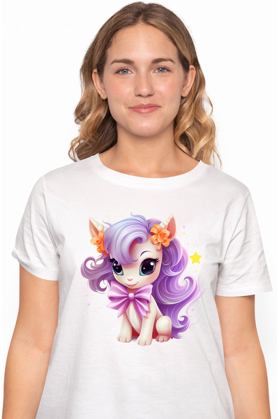 StoryGift Romania Women's T-shirt with a pony, illustration, long mane, purple, stars, bow, happiness WHT_L