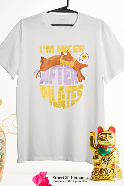 StoryGift Romania Tricou Femei Personalizata I'm Nicer After Pilates, cu imprimeu pe Fata, 100% B WHT_L