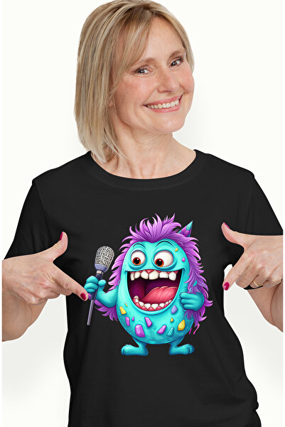 StoryGift Romania Tricou Femei cu o creatura ovala care tine un microfon, star rock, ilustratie, c BLK_L