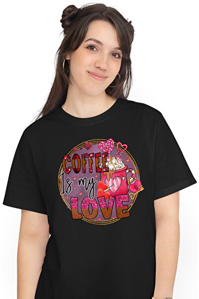 StoryGift Romania Tricou Femei cu mesajul "Coffee is my love", iubire, ceasca cu cafea, frisca, Va BLK_L