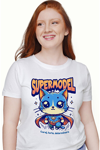 StoryGift Romania Tricou Femei Super Model, SuperErou, Pisica Zburand, cu imprimeu pe Fata, 100% WHT_L