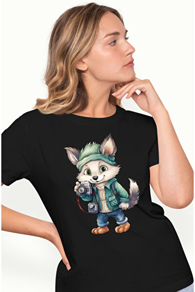 StoryGift Romania Tricou Femei cu un lup care face poze, tine un aparat de fo...