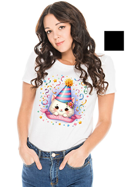 StoryGift Romania Tricou Femei cu o pisicuta vesela, ilustratie, mesajul "Happy birthday", coif, l WHT_L