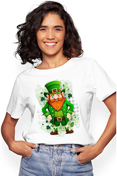 StoryGift Romania Tricou Femei cu un spiridus, ilustratie, trifoi, norocos, Irlanda, verde cu imp WHT_L
