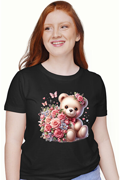 StoryGift Romania Tricou Femei cu un ursulet care tine un buchet cu trandafir...