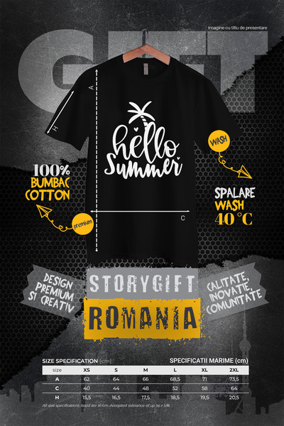StoryGift Romania Tricou Femei cu inimioare si palmier cu salutul "Hello, sum...