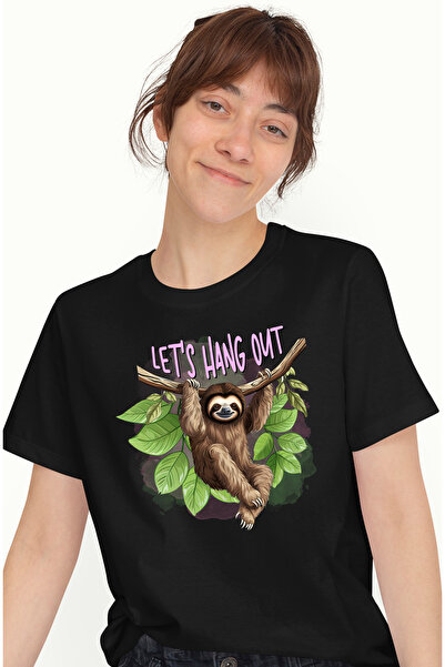 StoryGift Romania Tricou Femei cu animalul sloth/lenes tinandu-se de o creanga cu mesajul "Let's h BLK_L