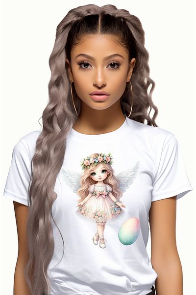 StoryGift Romania Tricou Femei cu o fetita dragalasa cu aripi de ingeras, ilustratie, ou vopsit, s WHT_L