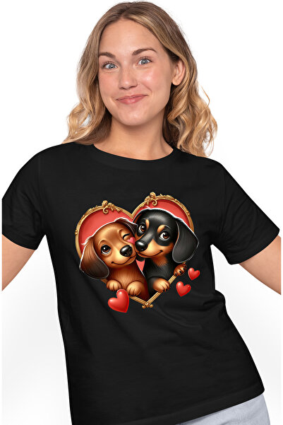 StoryGift Romania Tricou Femei cu o catelusa si un catel Dachshund, ilustrati...