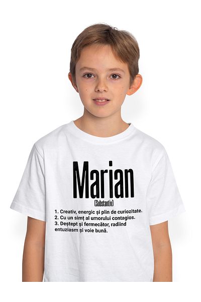 StoryGift Romania Tricou Copii Baieti Cu Numele Marian, Cu Mesaj Motivational, Creativ, Energic, Curios, Des