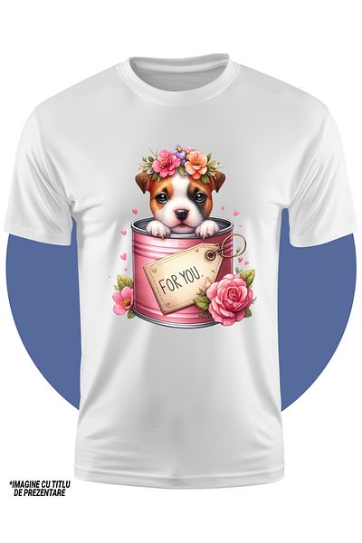 StoryGift Romania Tricou Copii Cu Un Catel Care Iese Dintr-o Conserva, Ilustratie, Mesajul "for You", Flori,