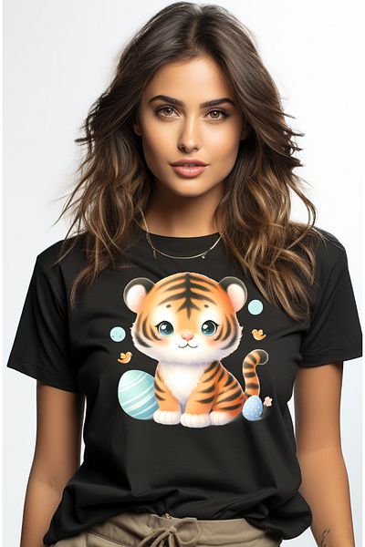 StoryGift Romania Women's T-shirt with a good tiger cub, illustration, painted eggs, birds, animal BLK_L