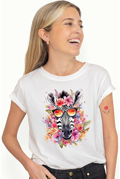 StoryGift Romania Tricou Femei cu o zebra cu ochelari de soare, ilustratie, floricele, abstract, n WHT_L