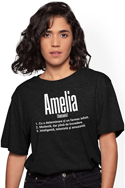 StoryGift Romania Tricou Femei Cu Numele Amelia, si Mesaj Motivational, Determinare, Modesta, Inte BLK_L
