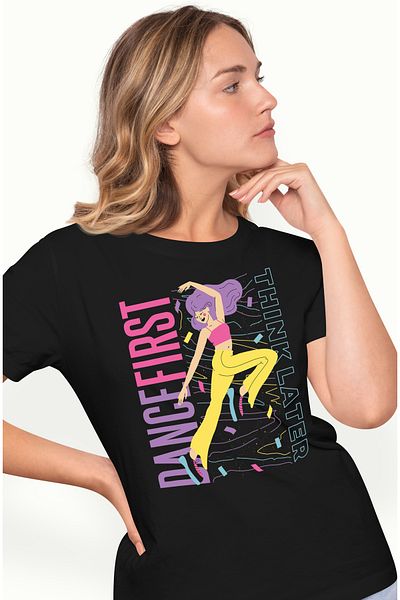 StoryGift Romania Tricou Femei Cu Mesajul Dance First Think Later, Fericire, Overthinking, Iubitor BLK_L