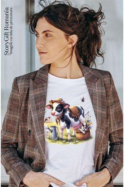 StoryGift Romania Tricou Femei cu vacute pe camp, la pascut, palarie, cos, plante, flori, verdeata WHT_L