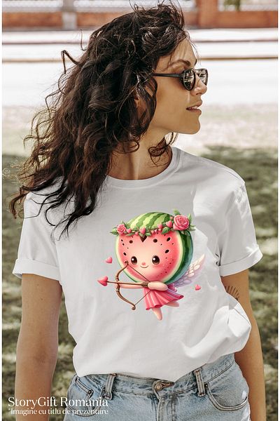 StoryGift Romania Women's T-shirt with a little Cupid, illustration, shooting a bow, watermelon head, fru WHT_M