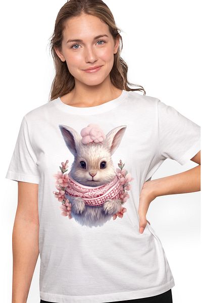 StoryGift Romania Tricou Femei cu un iepuras alb cu fular, ilustratie, frig, floricele, roz, iarna WHT_M