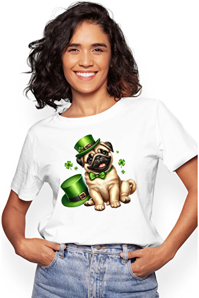 StoryGift Romania Tricou Femei cu un catelus Pug fericit, ilustratie, poarta ...