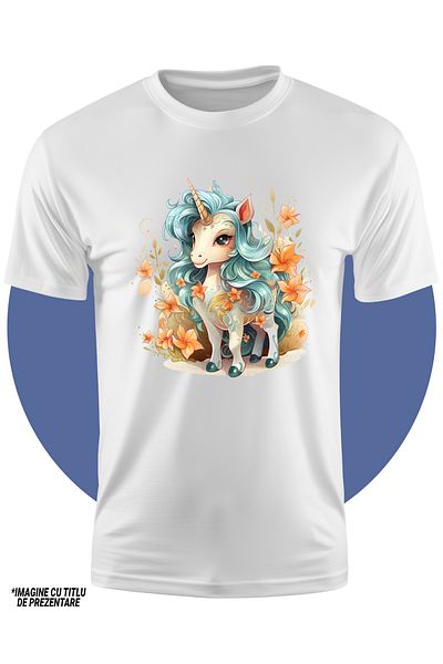 StoryGift Romania Tricou Copii Cu Un Unicorn Vesel, Ilustratie, Zambeste, Flori Portocalii, Plante, Natura,
