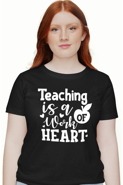 StoryGift Romania Tricou Femei cu inimioare si mesajul "Teaching is a work of heart" - predarea/in BLK_L