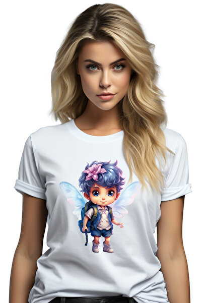 StoryGift Romania Tricou Femei cu un baiat cu aripi de fluture, albe, ilustra...