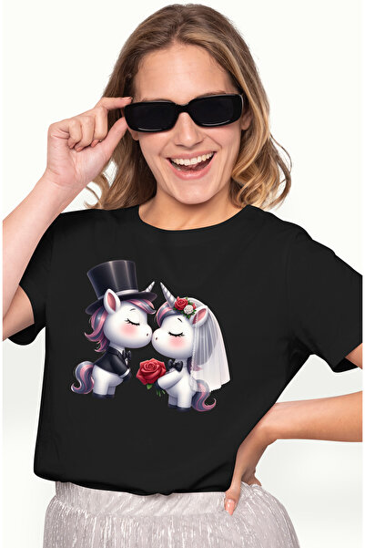 StoryGift Romania Tricou Femei cu 2 unicorni la nunta, flori, fericire, trand...