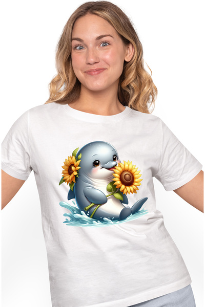StoryGift Romania Tricou Femei cu un delfin care tine o floare, ilustratie, floarea-soarelui, apa, WHT_L
