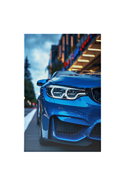 StoryGift Romania Tablou Canvas Masina Lux Albastra Cu Farul Sclipitor In Fata Unui Mall Pe O Strada Cu Brazi In