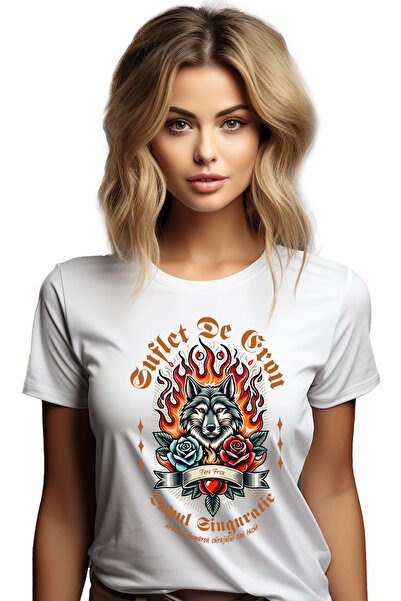 StoryGift Romania Tricou Femei Suflet de Erou - Lupul Singuratic, cu imprimeu...