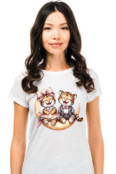 StoryGift Romania Women's T-shirt with 2 laughing tigers, illustration, having fun, friendship, affection, WHT_L