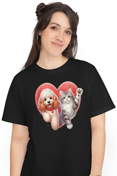 StoryGift Romania Tricou Femei cu o pisica si un catel blanos, ilustratie, fa...