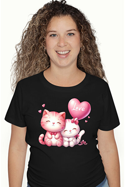 StoryGift Romania Tricou Femei cu 2 pisici, ilustratie, balon, inimioare, iub...